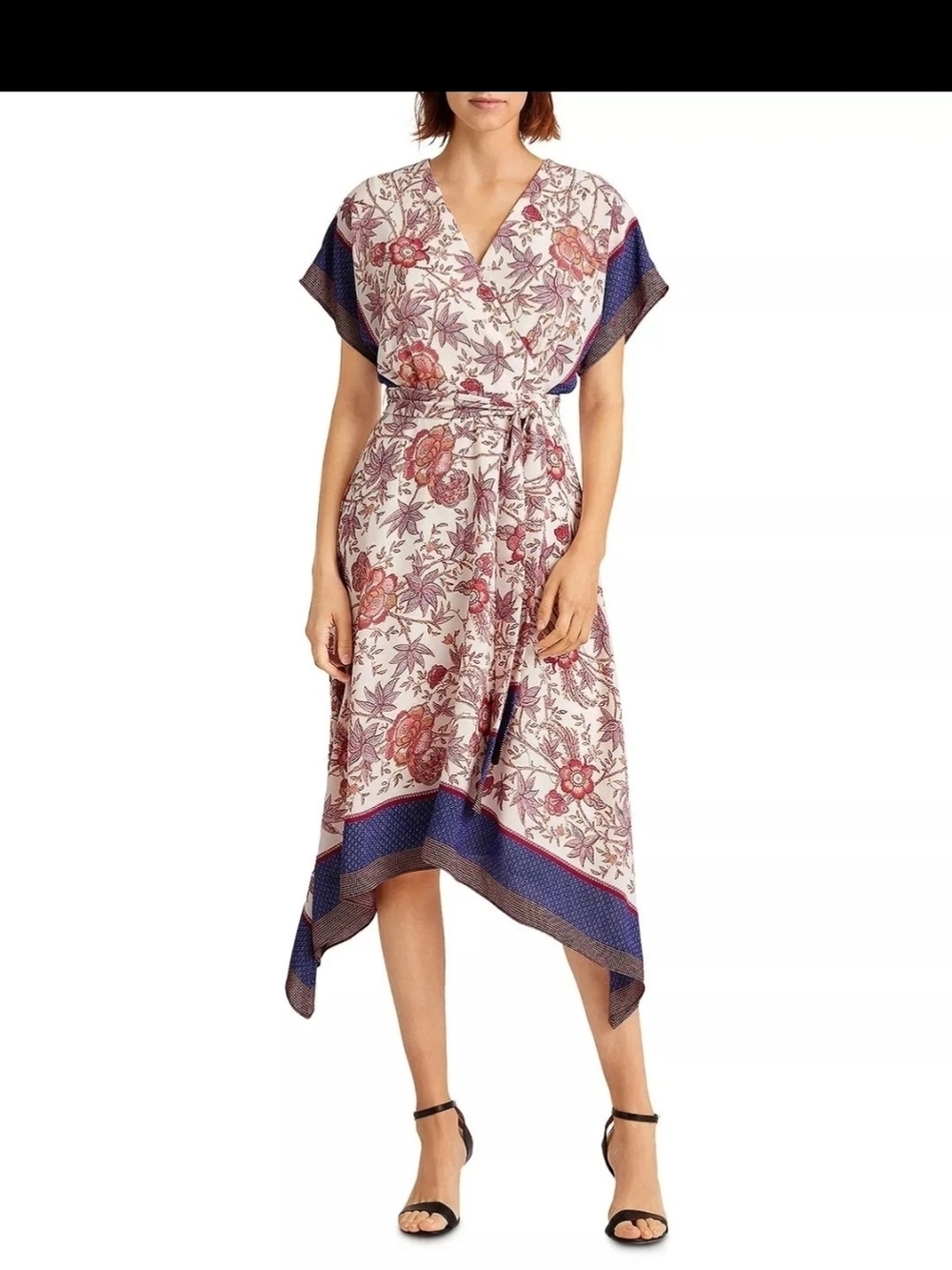 RALPH LAYREN Floral  High-Low Wrap Dress in Ivory and Navy